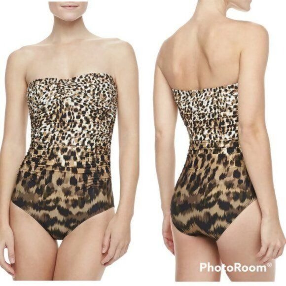 Carmen Marc Valvo Zanzibar Leopard-Print Shirred Maillot Swimsuit - Picture 3 of 11